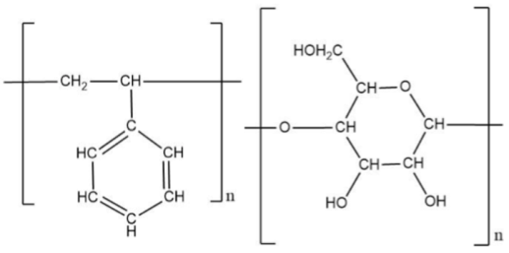 structural formula of polystyrene (left) and starch (right)