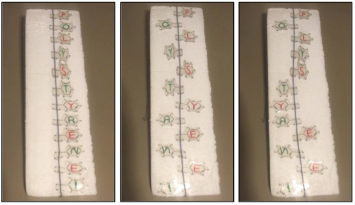 Polystyrene tacticity model, representing (LEFT) isotactic polystyrene, (MIDDLE) syndiotactic polystyrene, and (RIGHT) atactic polystyrene