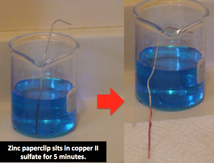 before and after of zinc paperclip in copper ii sulfate solution