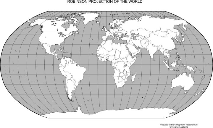 Robinson map of world with lat/long lines
