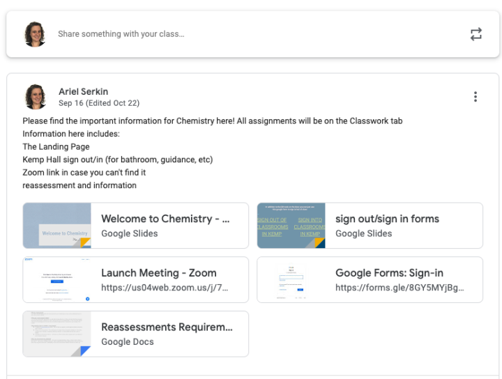 screenshot of assignment page of Google Classroom