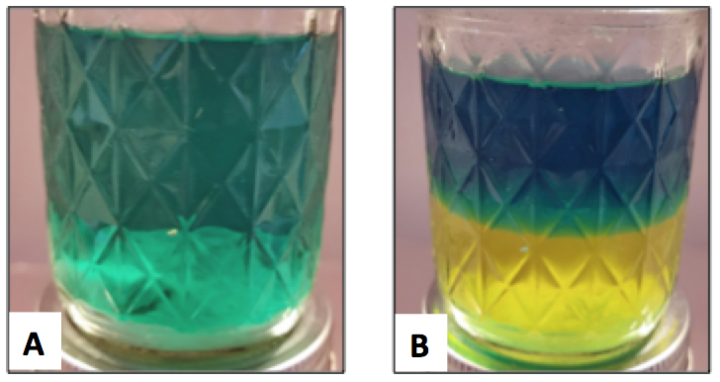 alcohol/water solution, green dye with sodium carbonate A) at room temp B) 30C