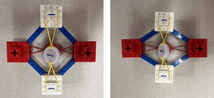 Square LEGO brick model of piezoelectric structure in (LEFT) uncompressed and (RIGHT) compressed form