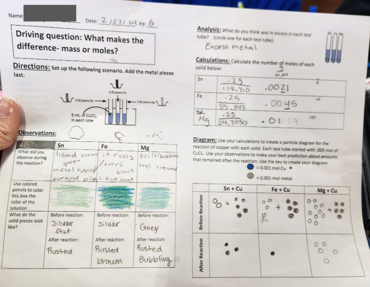 stoichiometry driving questions on worksheet with student answers