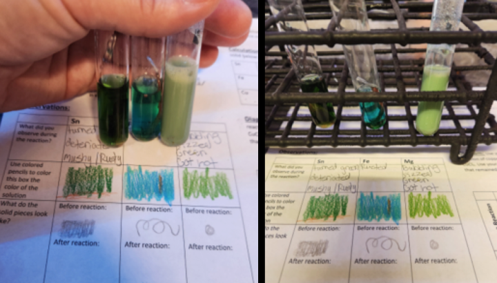 2 different images of 3 test tubes showing reactions and sample student observations.