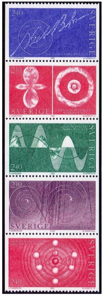 Swedish set from their series honoring Nobel Prize winners N. Bohr, W. Heisenberg, L. de Broglie, E. Schrodinger, and P. Dirac