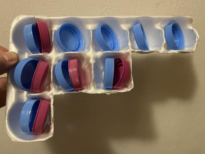 Egg carton and milk cap arrangements representing electrons in shell 3 of an iron atom. The dimples hold up to two caps, representing orbitals that can hold up to two electrons.