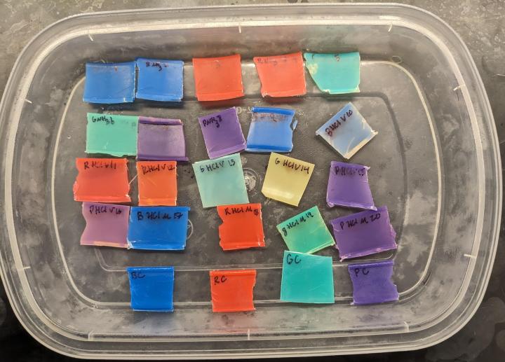 Samples from thermochromic cups exposed to ammonia vapor, hydrogen chloride vapor, and muriatic acid cooled to -80OC 