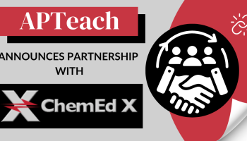text: "APTeach announces partnership with ChemEd X" including ChemEd X icon and handshake / partner icon