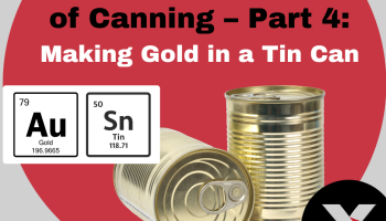Au & Sn symbols, tin cans with text: Colourful Chemistry of Canning Part 4: Making Gold in a Tin Can