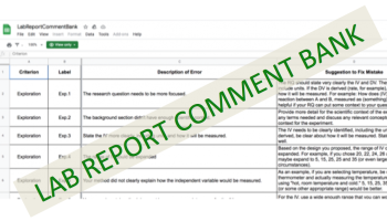 screenshot of comment bank with text: Lab Report Comment Bank