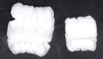 Polystyrene packing peanuts normal-sized and after shrinking in liquid nitrogen