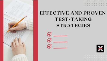 hands with pencil taking test w/ text: Effective and Proven Test Taking Strategies