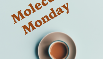 Molecule Monday next to a cup of coffee on teal background