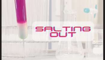 test tube with hot pink colored solution with white solid at bottom. Text "SALTING OUT"