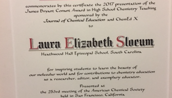 Laura Slocum's award certificate