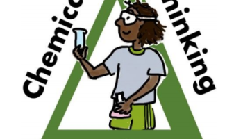 ACCT logo green triangle of text: chemical thinking assessing around a student