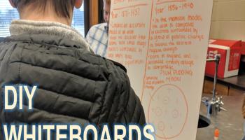 student looking at whiteboard and text "DIY WHITEBOARDS