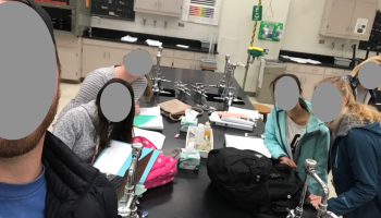 An example of a study group selfie photo from the author's chemistry course taken in a laboratory setting