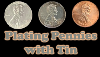 2 silver colored penny and one copper one with text underneath: Plating Pennies with Tin