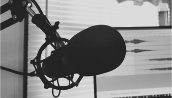 greyscale microphone in front of desktop computer monitor