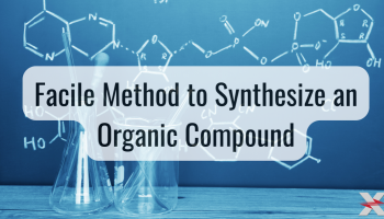 blue background with chalked organic structures along with glassware and title