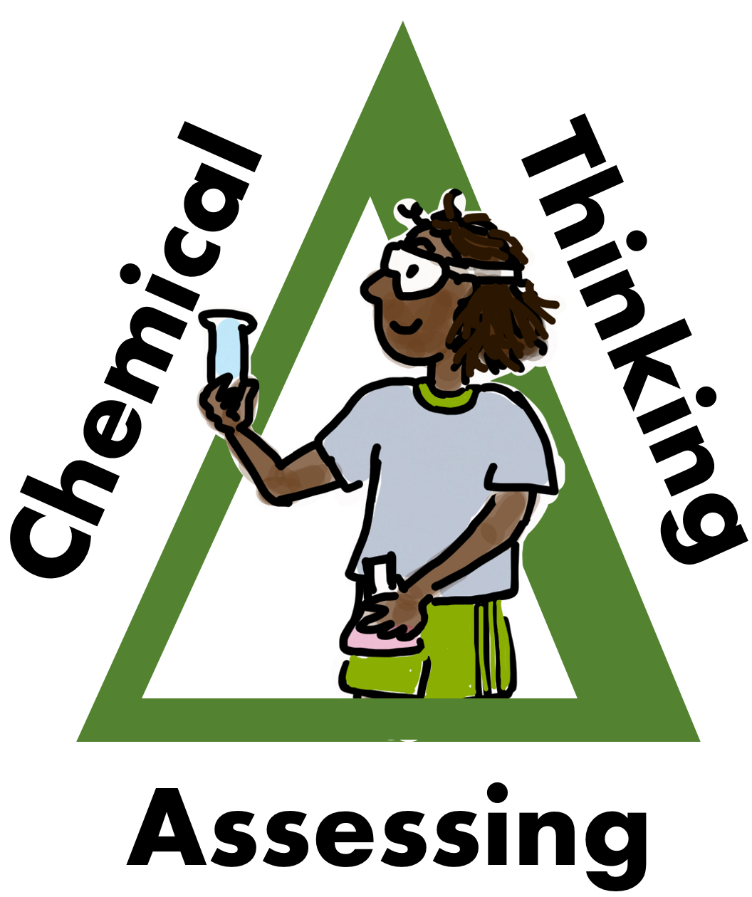 green triangle around student wearing goggles w/ text: chemical thinking assessing
