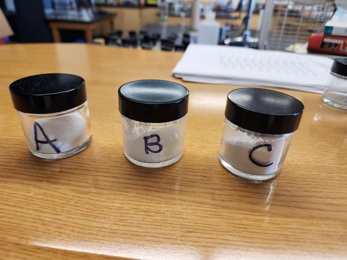 3 jars of unknown white powder labeled A, B &amp; C