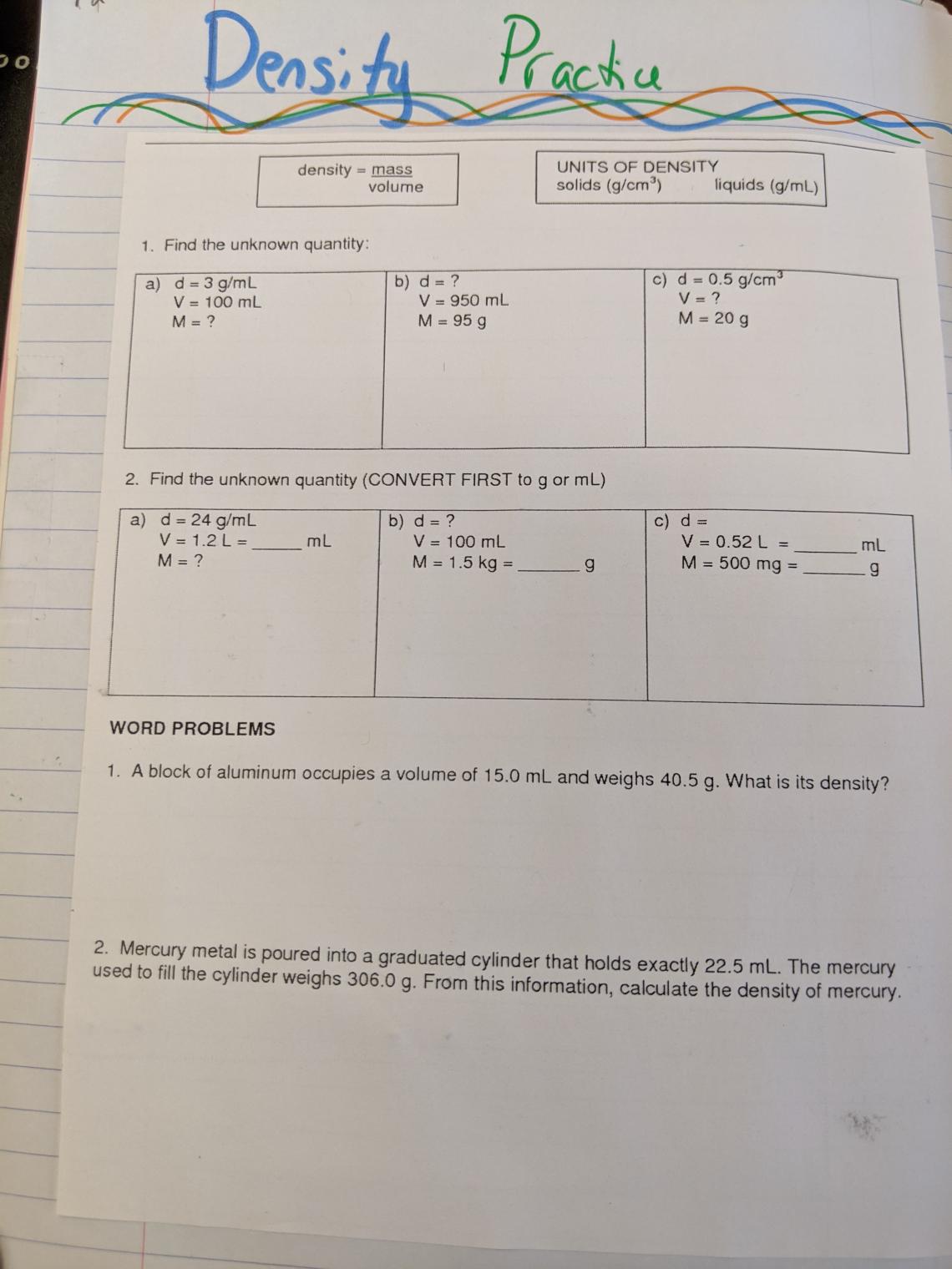 density practice problems