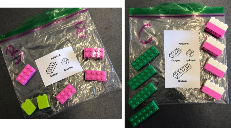mix of pink and green legos in two baggies