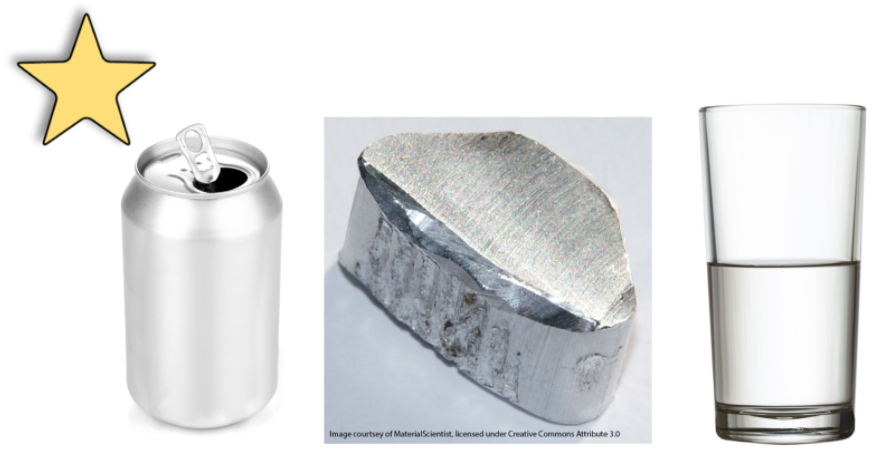 pop can, chunk of silver metal, clear glass half full with clear liquid