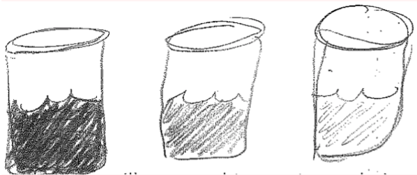 pencil drawing of 3 beakers with varying degrees of concentration