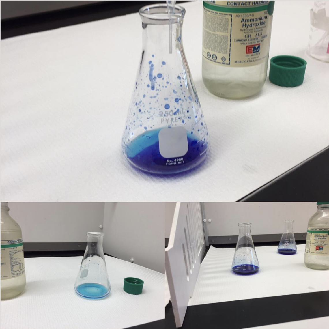 flask with blue solution and a stock bottle