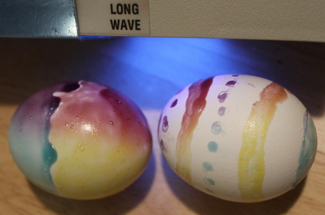 boiled eggs with photochromic glue designs