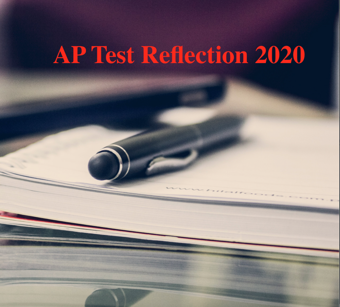 pen on notebook, text: AP Test Reflection 2020