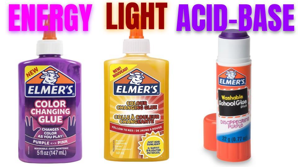 3 bottles elmers glue with text: energy, light, acid-base