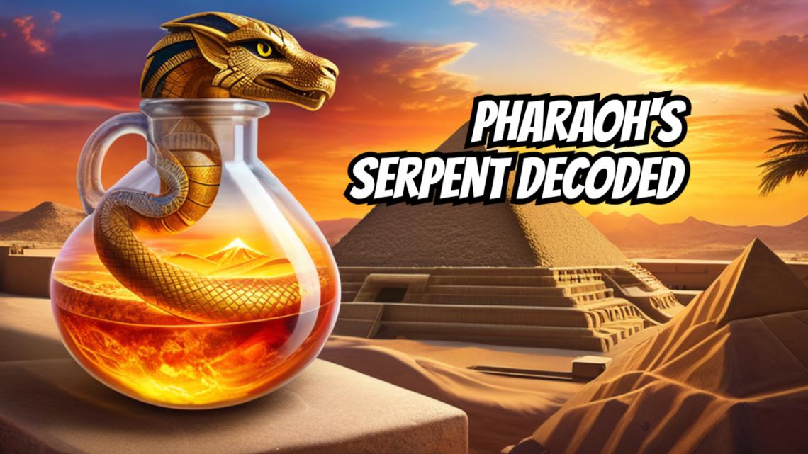 serpent in flask with desert background and text : "Pharaoh's Serpent Decoded"