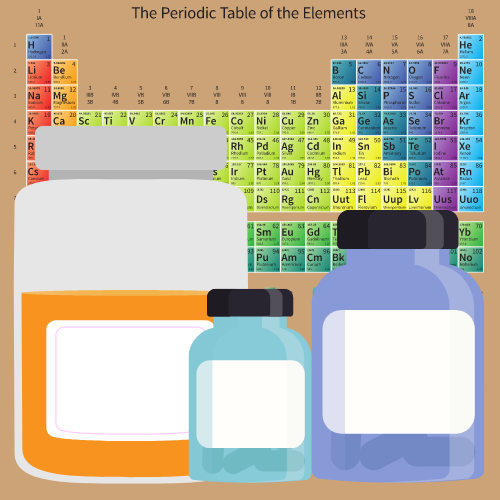 labelled chemical bottles with periodic table in background
