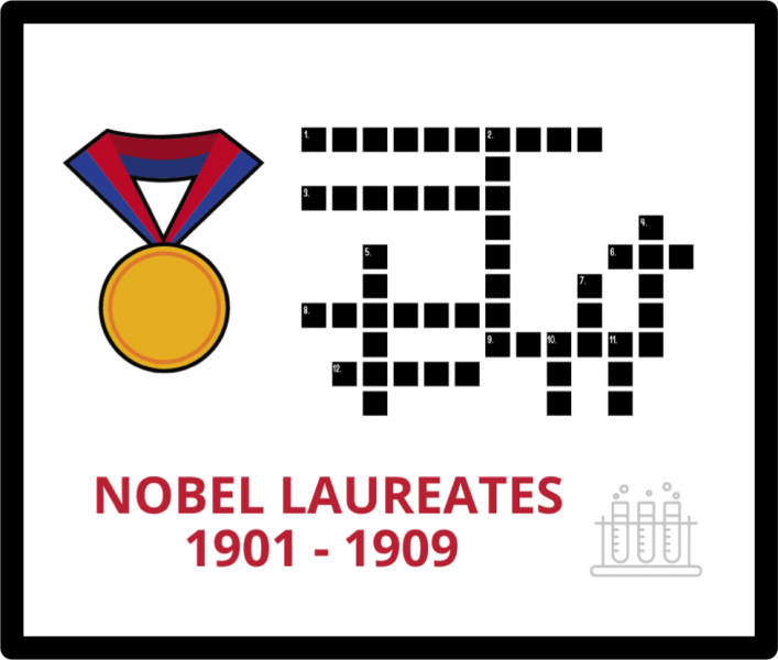 crossord puzzle template & gold medal with text: Nobel Laureates 1901-1909