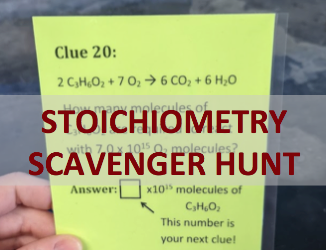 Stoichiometry Scavenger Hunt cover photo, showing a lifted card with Clue 20, which has a chemical reaction and a prompt asking students to convert with molecules