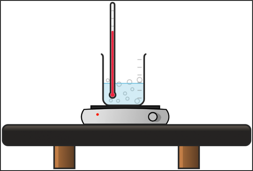 heating set up. beaker with clear liquid & thermometer on hotplate on table top
