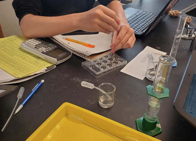 students testing sample in a well-plate in chemistry lab