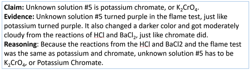 Student example of Claims, Evidence &amp; Reasoning