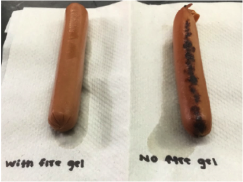 comparison of hotdogs that have been burned with gell (L) and without (R)
