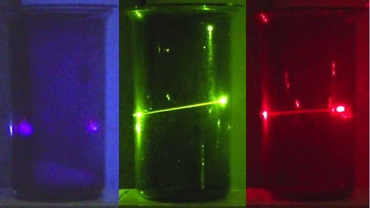 Violet, green and red laser light through iodine vapor