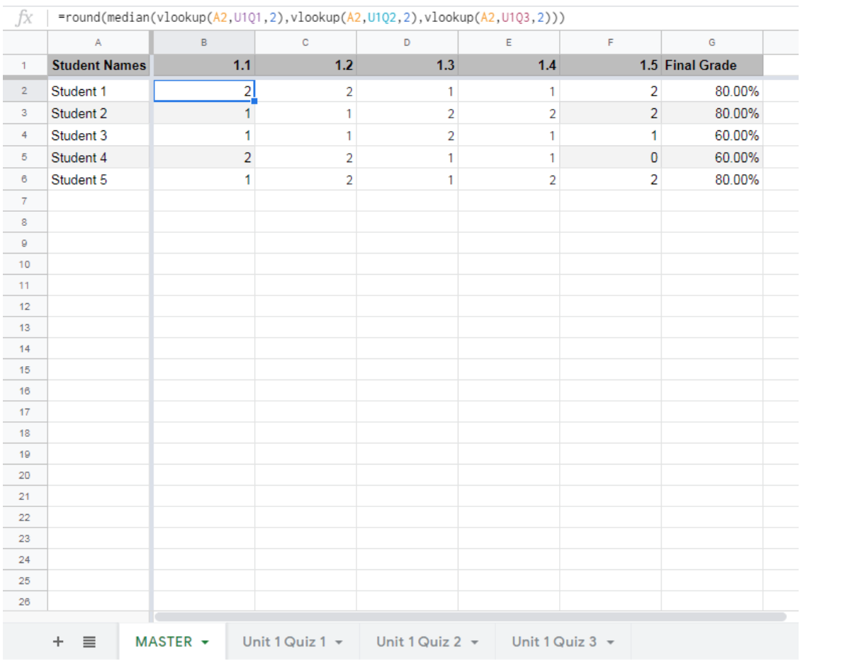 screenshot of Google Sheet for gradebook