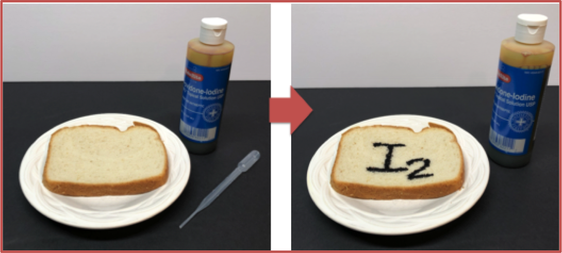 I2 writen on a slice of bread with iodine tincture