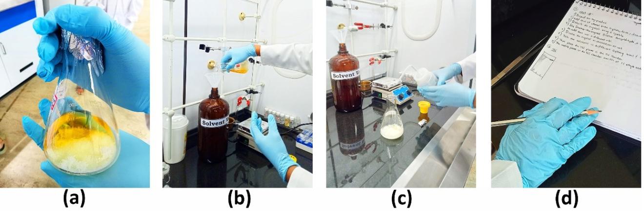 4 4	Images showing (a) crystals, (b) decanting, (c) rinsing and (d) recording data