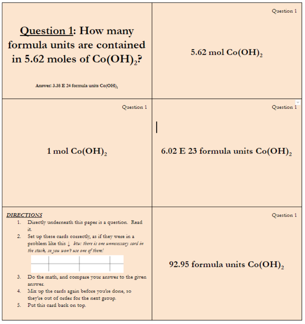 set of 6 cards for question 1 of this stoichiometry activity