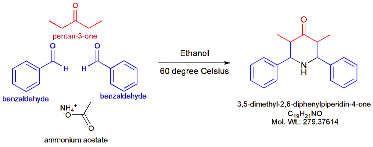 structural models showing reaction synthesis 3,5-dimethyl-2,6-diphenylpiperidin-4-one